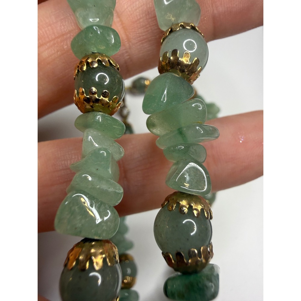 Green Aventurine Chip Bead Jewelry Set Necklace Bracelet Earrings Gold Tone